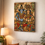 Colorful  MDF DIY wall art of deities on a white wall with a lamp and sofa in the background.