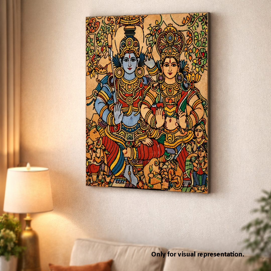 Colorful  MDF DIY wall art of deities on a white wall with a lamp and sofa in the background.