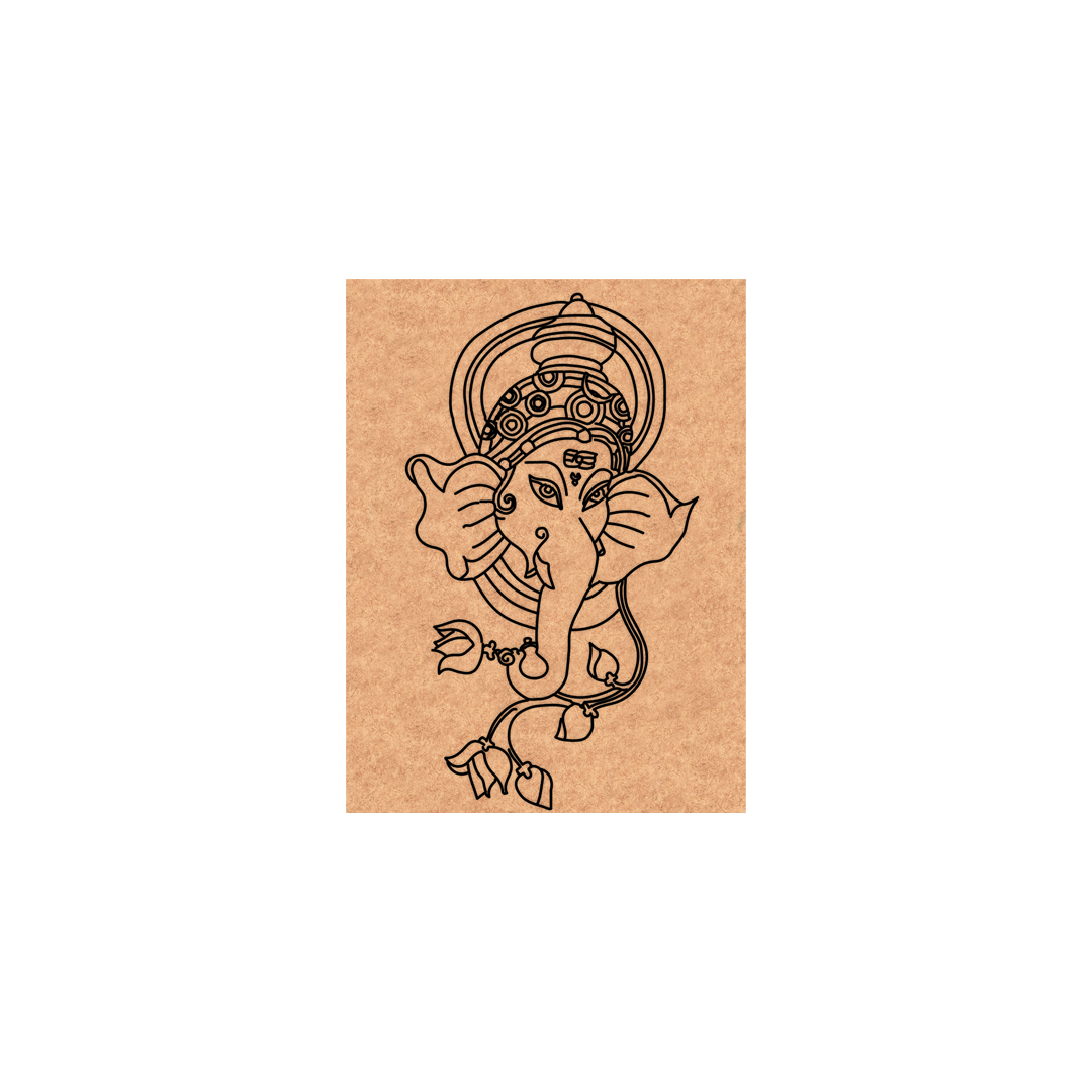  MDF DIY wall art with a black line drawing of an elephant with a headdress on a white background