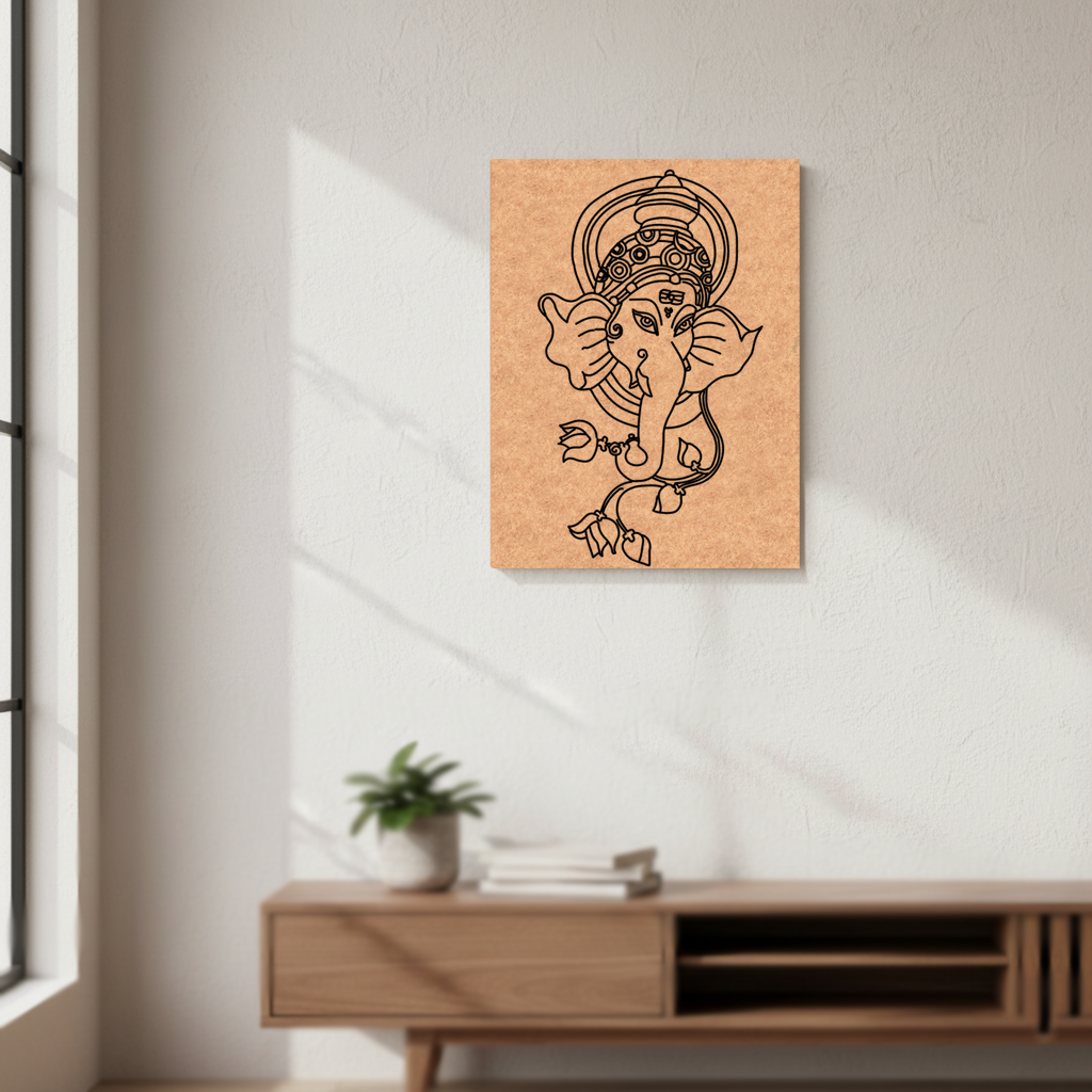  MDF DIY wall art  with a Ganesha design on a wall in a room with a wooden cabinet and plant.