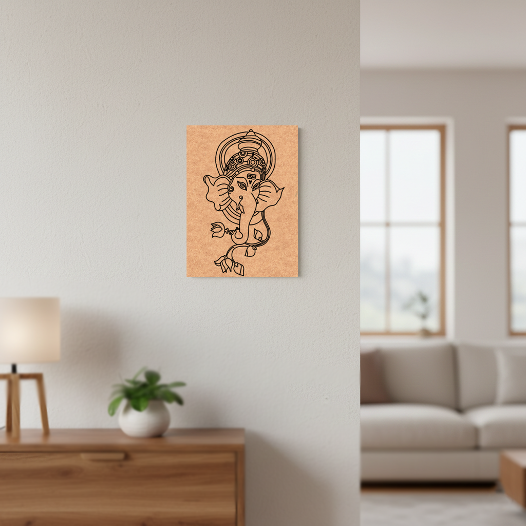  MDF DIY Wall art of an elephant with a headdress on a light wall in a living room.