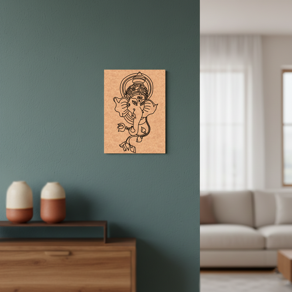 MDF DIY wall art of an elephant with a headdress on a teal wall in a living room.