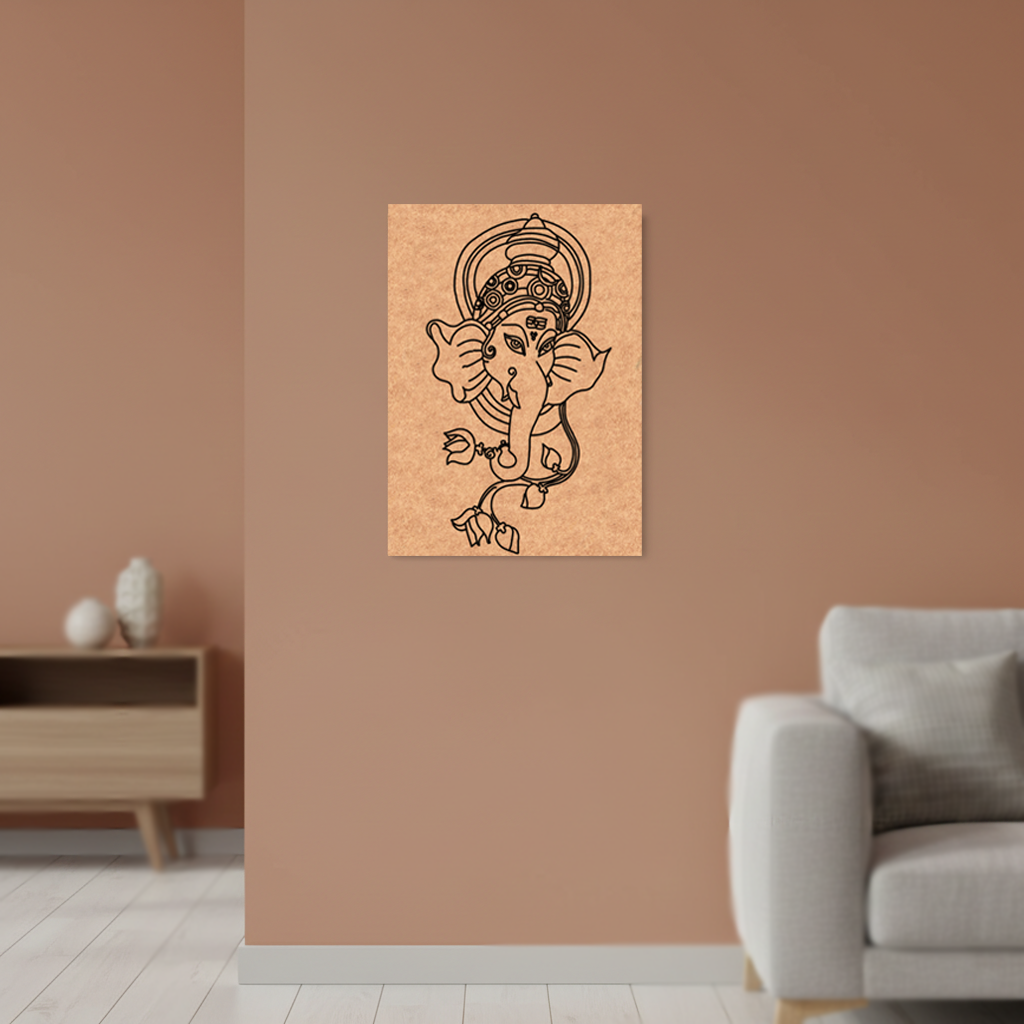 Decorative  MDF DIY wall art of an elephant with a crown on a brown wall in a living room.