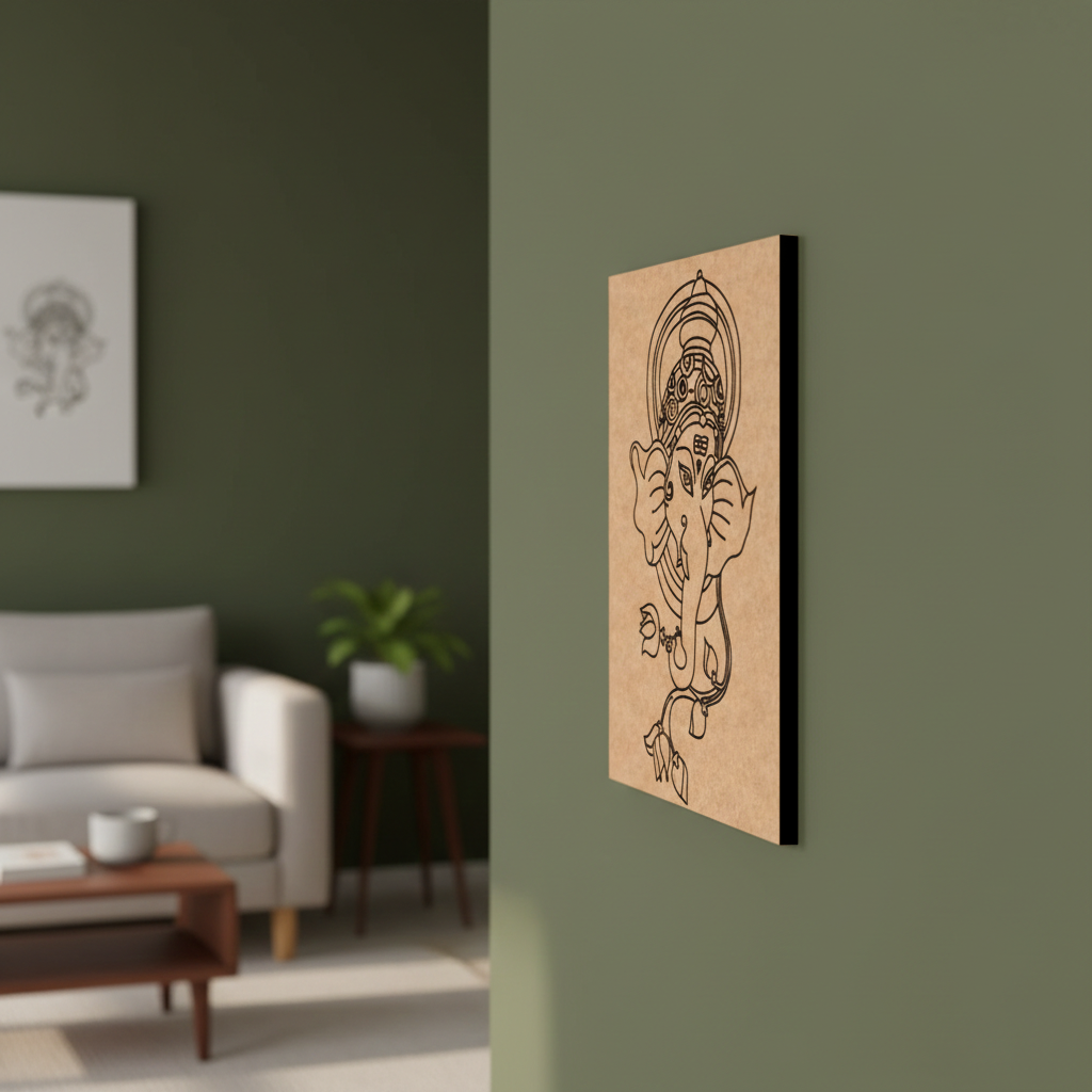  MDF DIY  wall art of a deity figure on a green wall in a living room.
