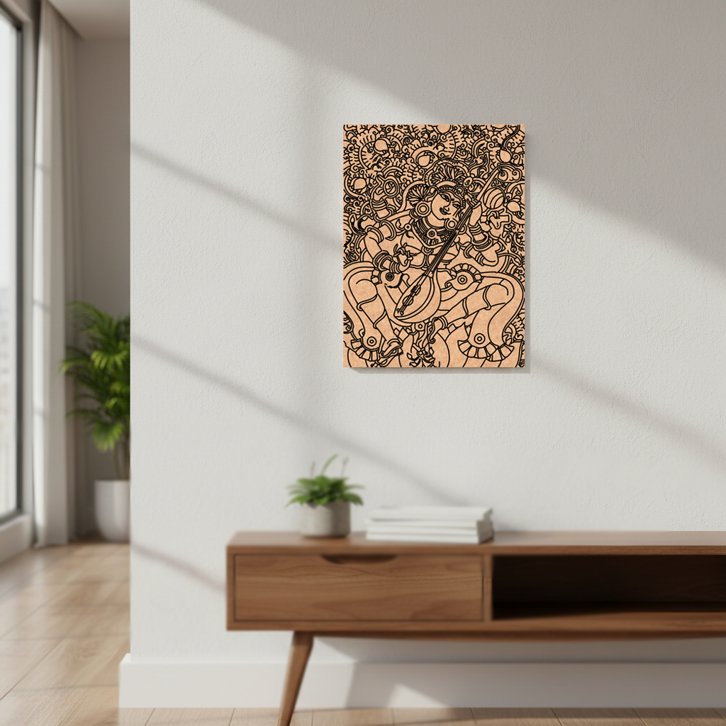  MDF DIY  wall art of a stylized figure on a white wall above a wooden console table.