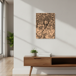  MDF DIY  wall art of a stylized figure on a white wall above a wooden console table.