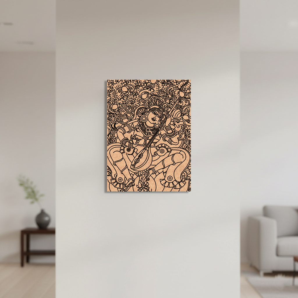 MDF DIY  wall art with intricate design of a woman playing guitar on a white wall.