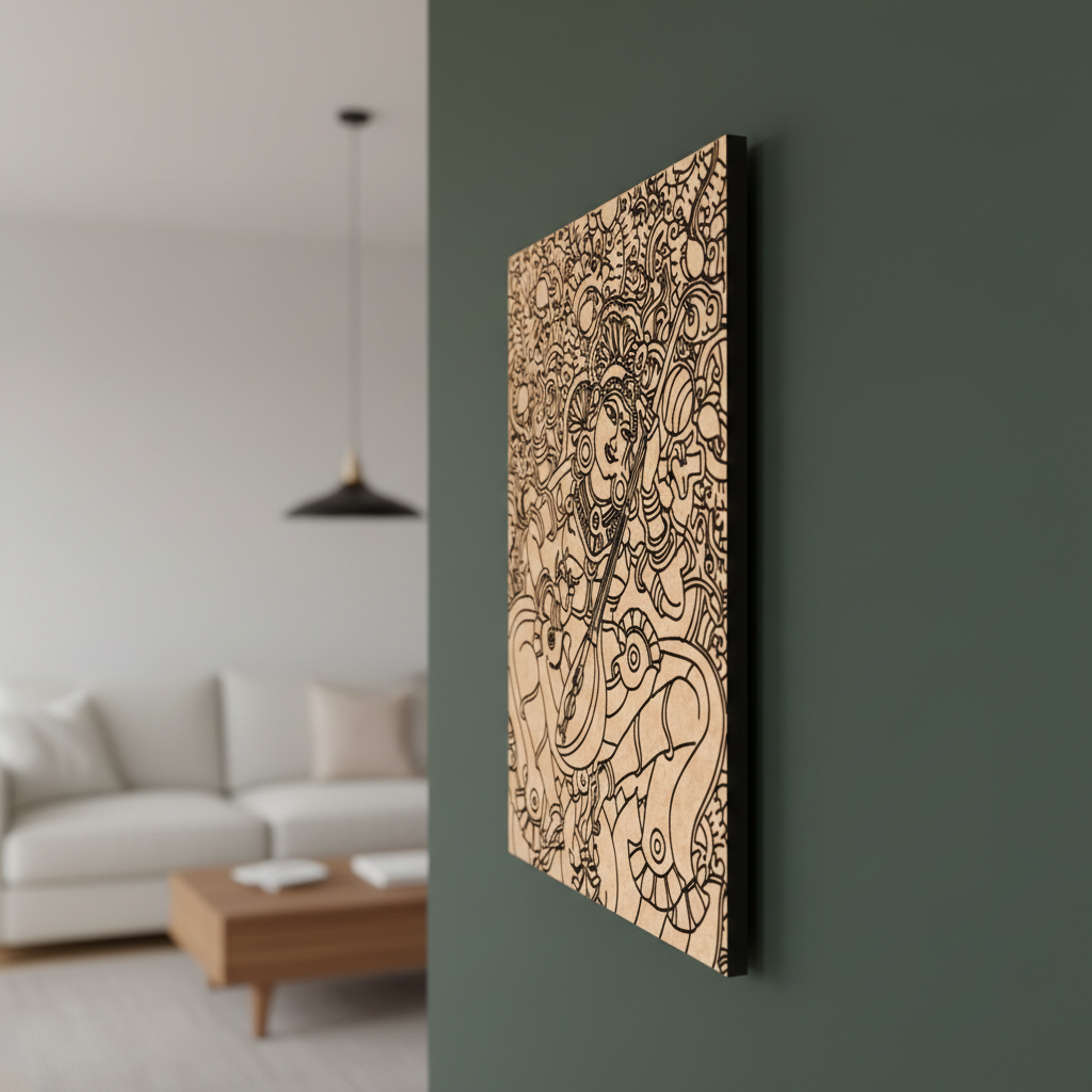  MDF DIY  wall art with intricate design on a green wall in a living room.