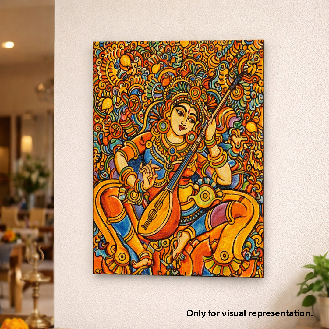  MDF DIY wall art Colorful artwork of a deity playing a stringed instrument on a wall.