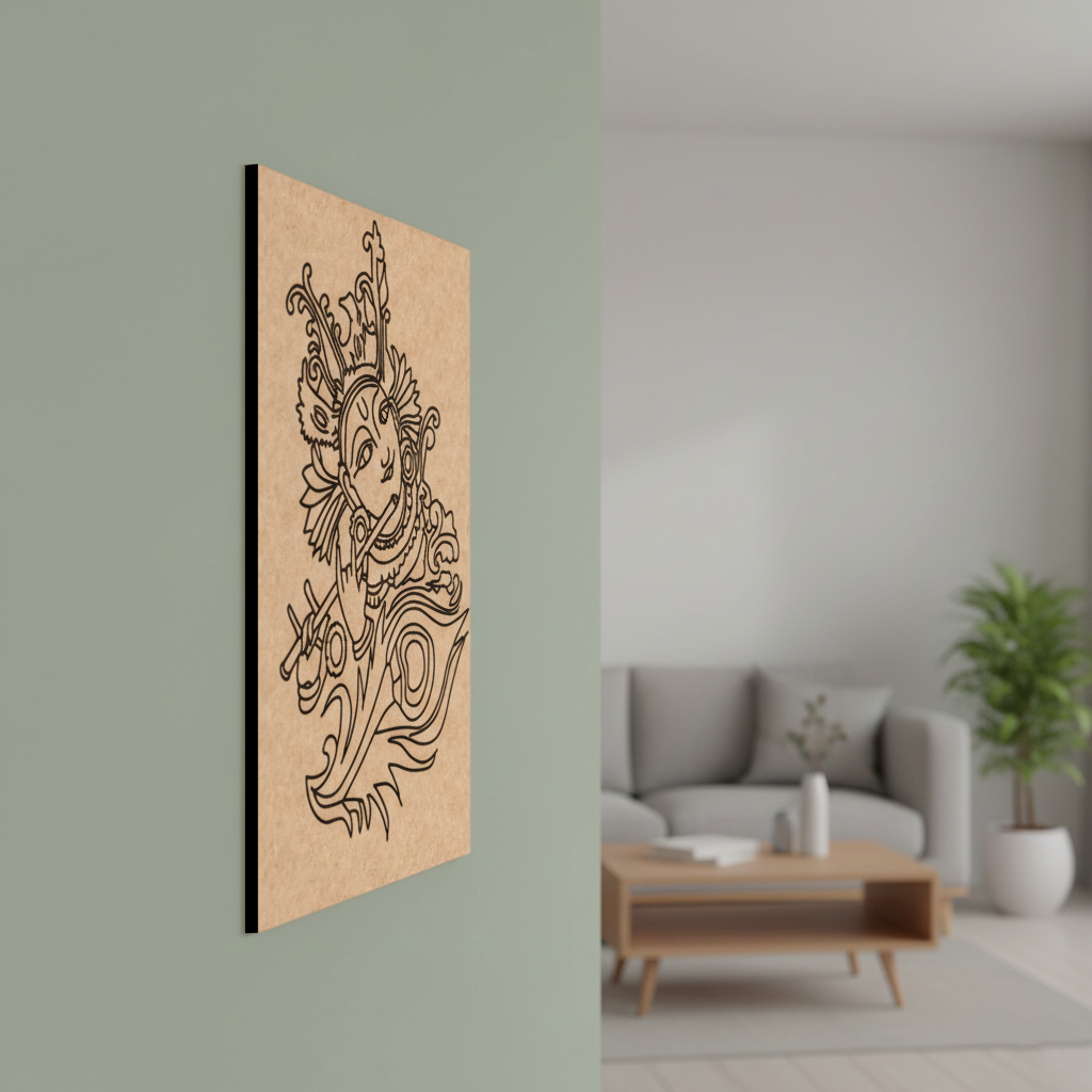 Decorative  MDF DIY wall art with intricate design on a plain wall, living room setting.