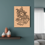 Decorative  MDF DIY wall art on a teal wall with vases below and a window to the right.