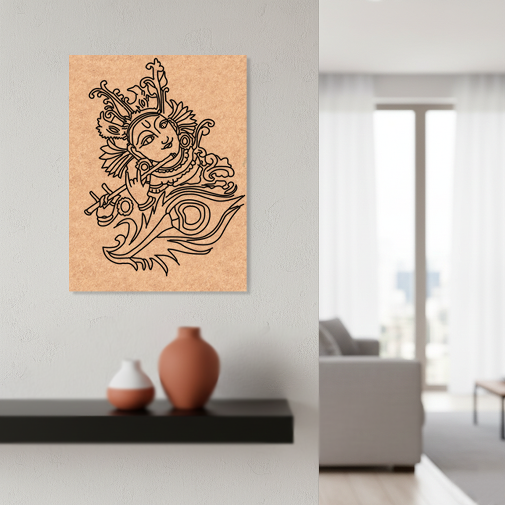 Decorative  MDF DIY wall art of a stylized face on cork board in a modern living room.