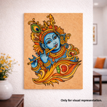 Colorful depiction of a deity on a textured wall in a room with decor elements.
