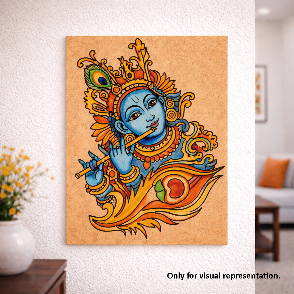 Colorful depiction of a deity on a textured wall in a room with decor elements.