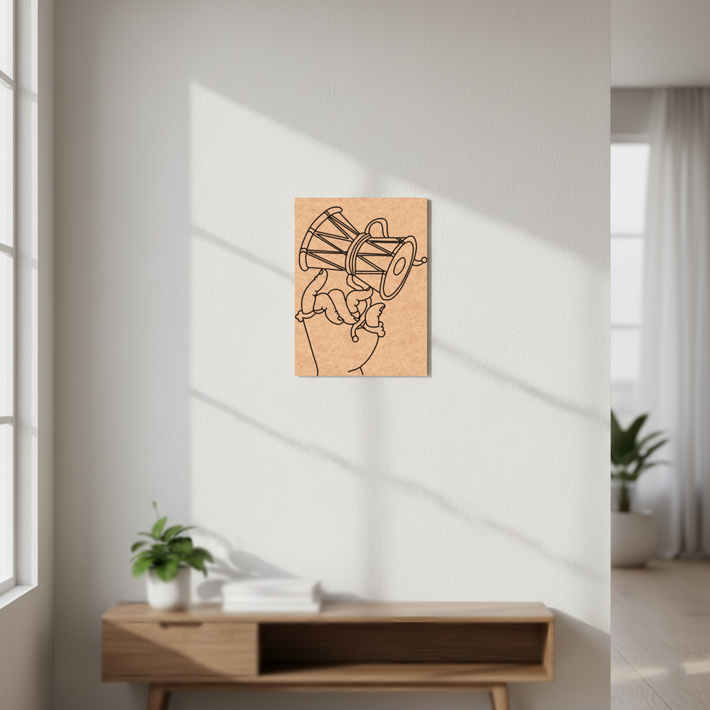  MDF DIY wall art piece on a white wall with a wooden console table below.