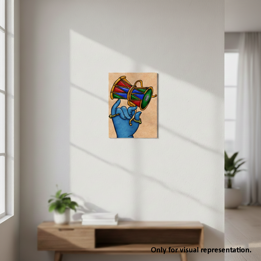 Colorful abstract painting of a hand holding drums on a white wall.