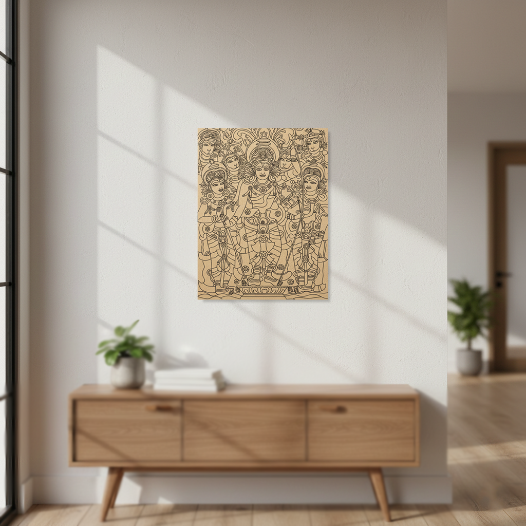  MDF DIY wall art piece on a white wall above a wooden console table.