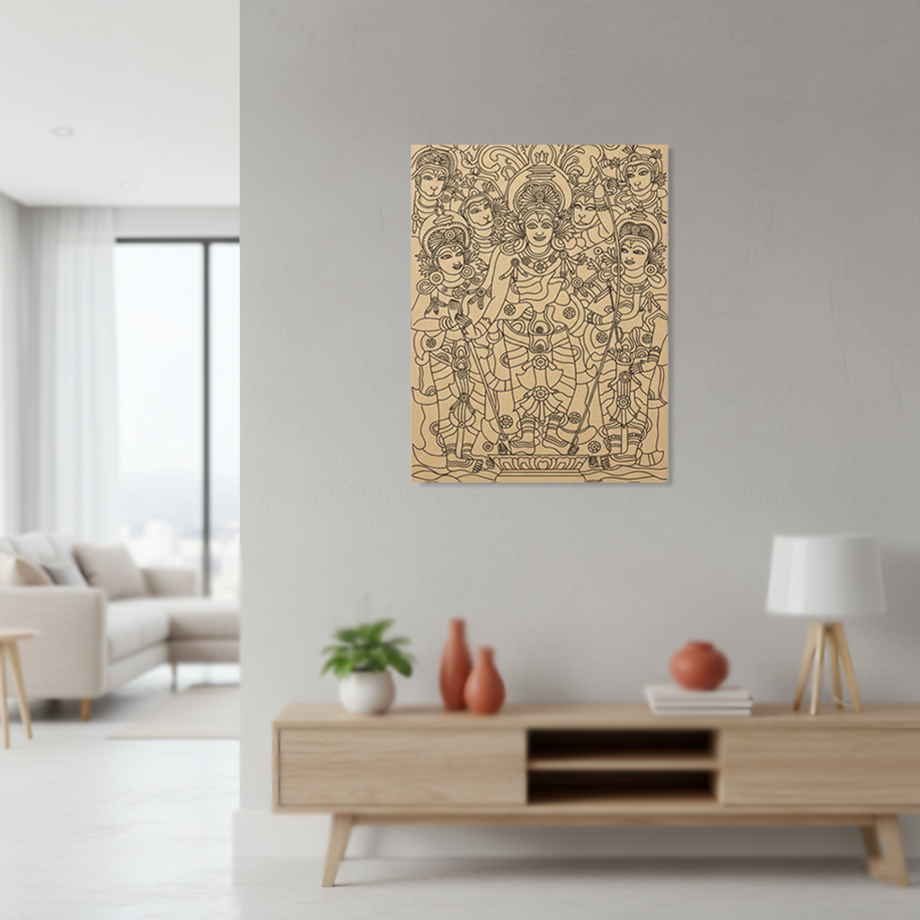 Decorative  MDF DIY wall art of a religious figure in a modern living room.