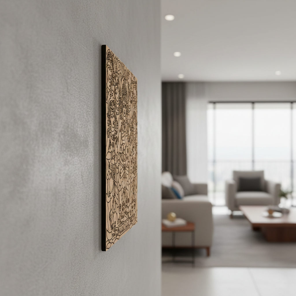 Decorative  MDF DIY  wall art on a gray wall with a blurred living room in the background