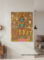 Colorful  MDF DIY wall art of a deity with attendants in a modern living room.