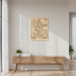  MDF DIY wall art  of a seated figure on a wall in a room with a wooden console table and plants.