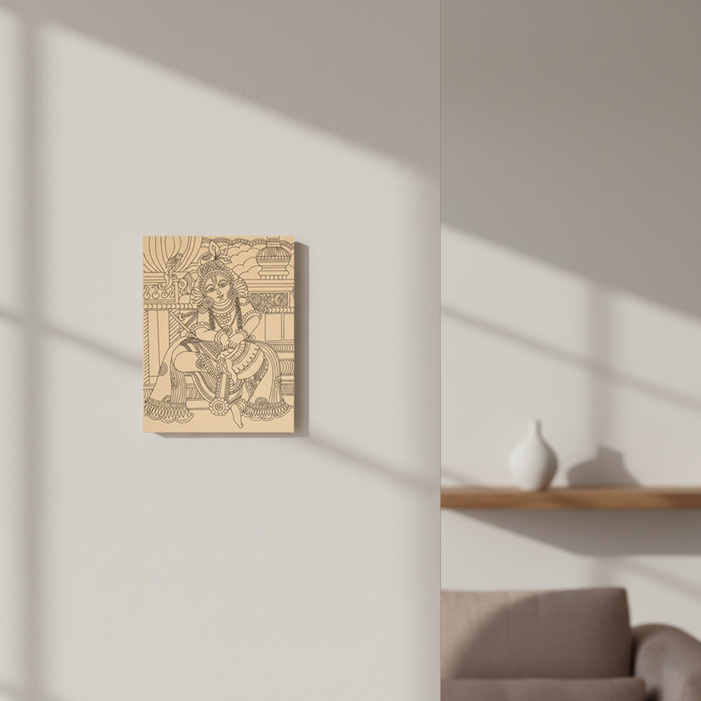  MDF DIY  wall art with a deity design on a light gray wall.