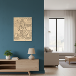  MDF DIY  wall art of a seated figure on a blue wall in a modern living room.