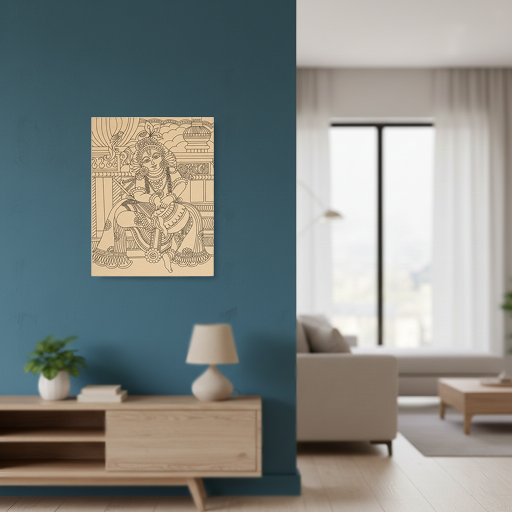  MDF DIY  wall art of a seated figure on a blue wall in a modern living room.