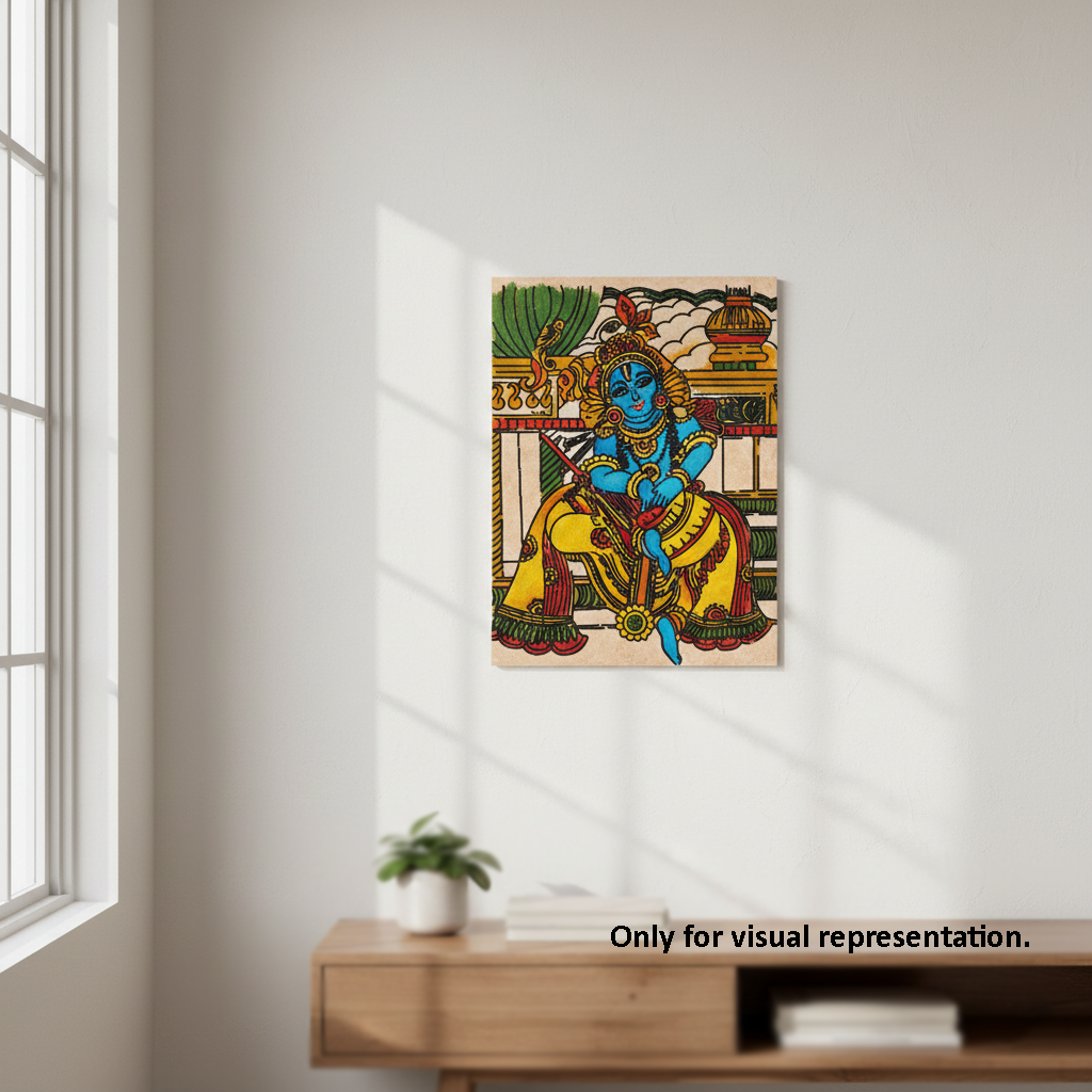 Colorful artwork of a deity on a wall in a room with a window and plant.