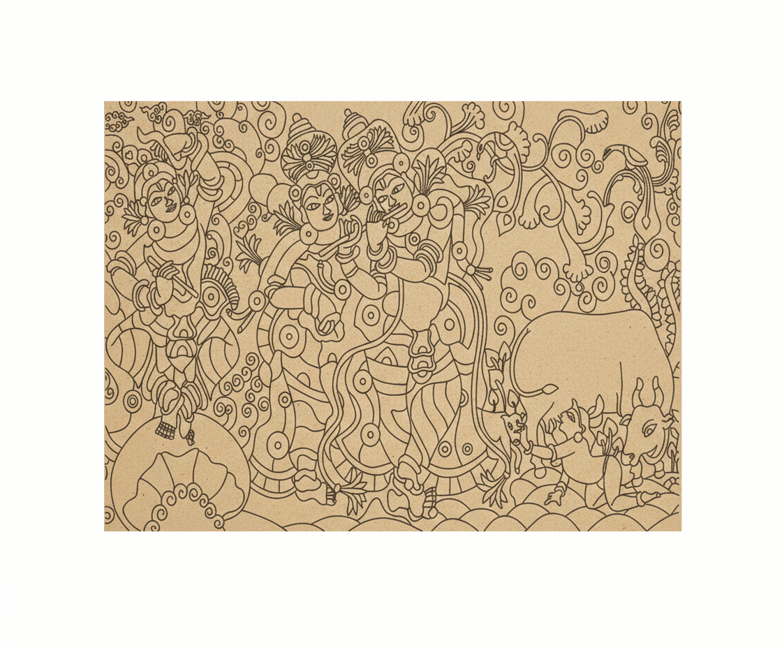 Decorative  MDF DIY wall art  with intricate patterns of people and animals on a beige background