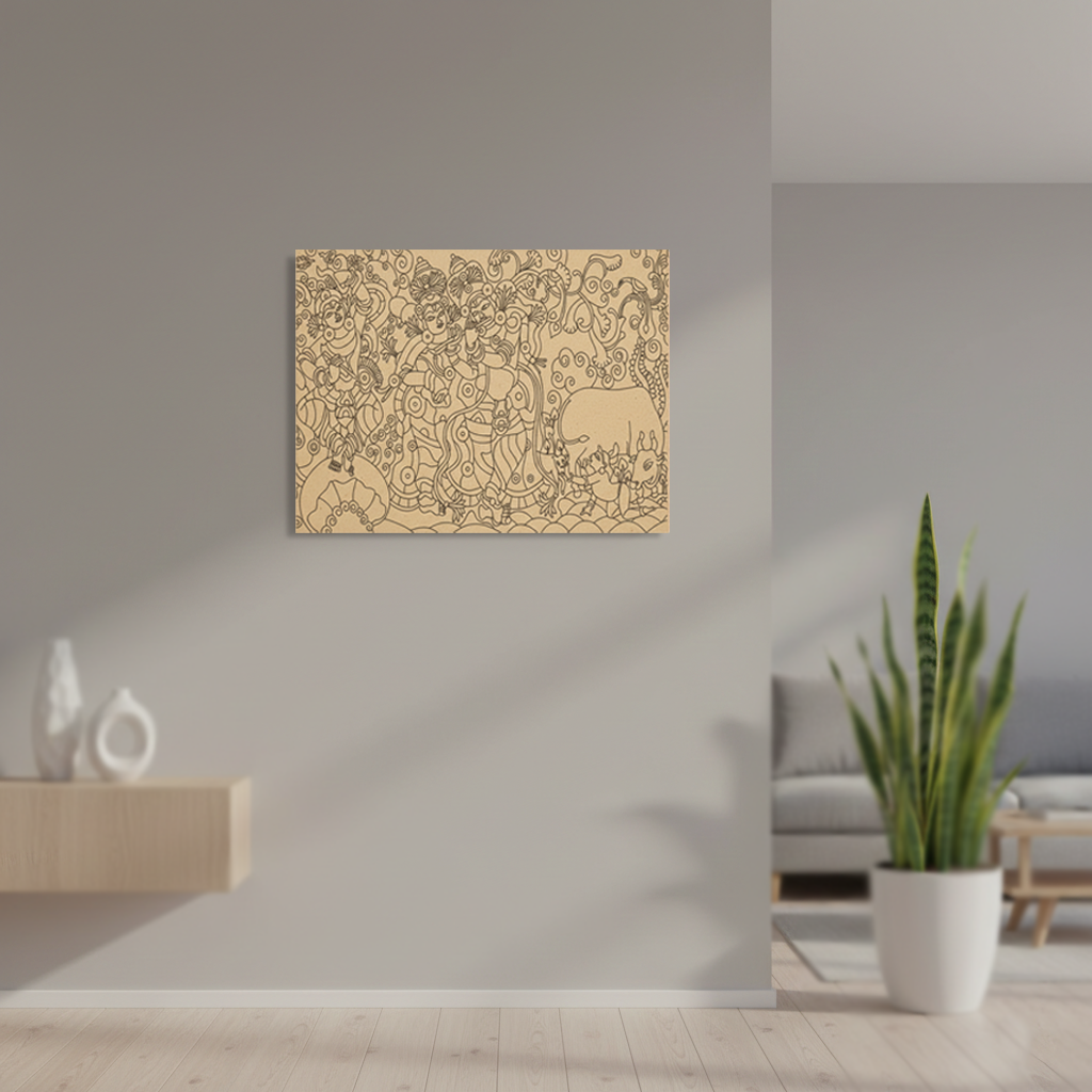  MDF DIY  wall art with abstract design on a gray wall in a modern living room.