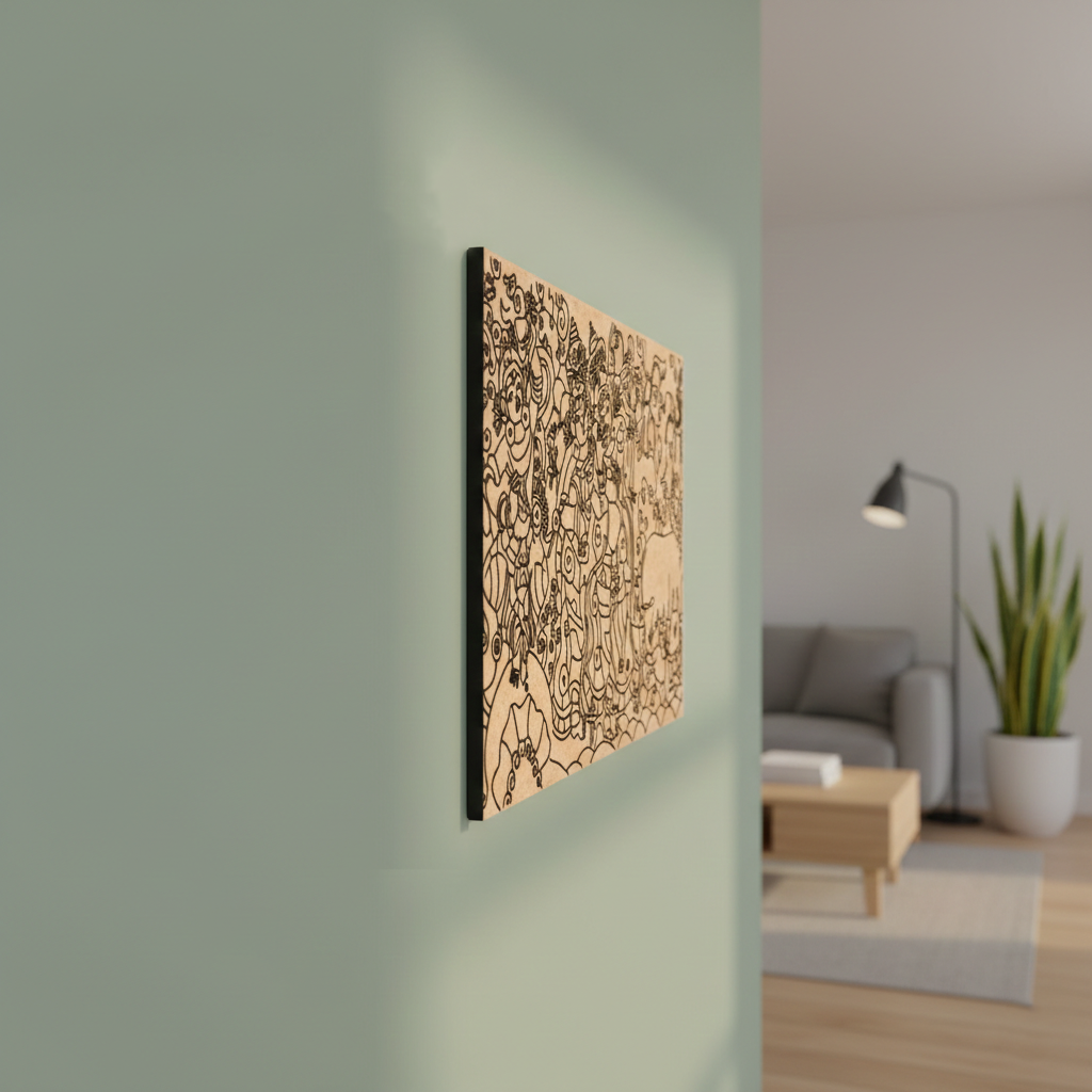  MDF DIY  wall art with intricate design on a light green wall in a living room.