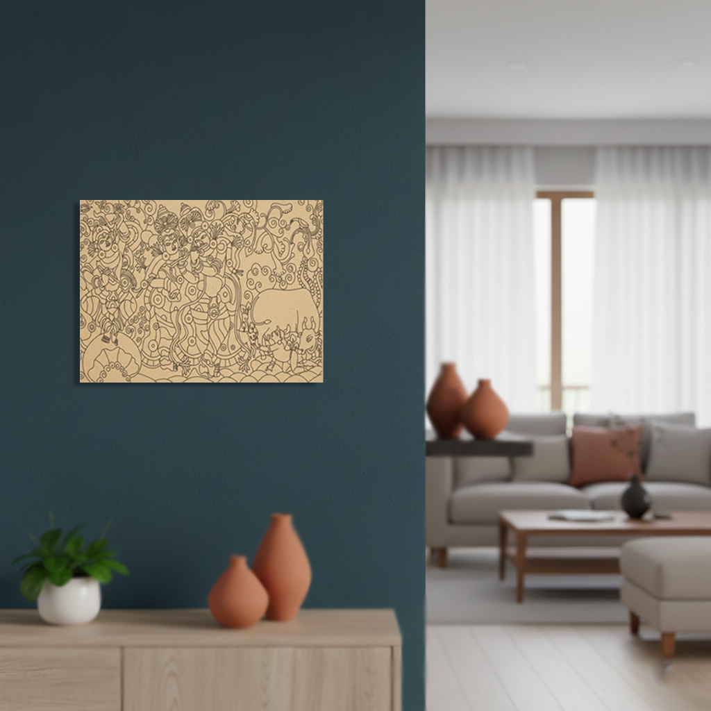  MDF DIY  wall art piece on a dark blue wall with a living room in the background.