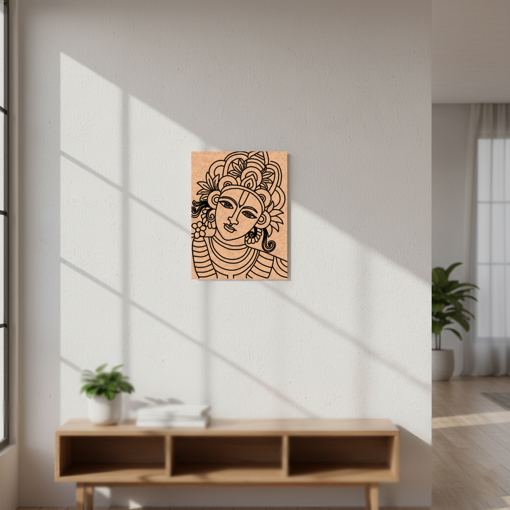  MDF DIY  wall art of a stylized face on a white wall in a modern interior setting.