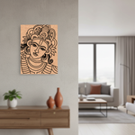 Decorative  MDF DIY wall art of a stylized face on a wooden panel in a modern living room.