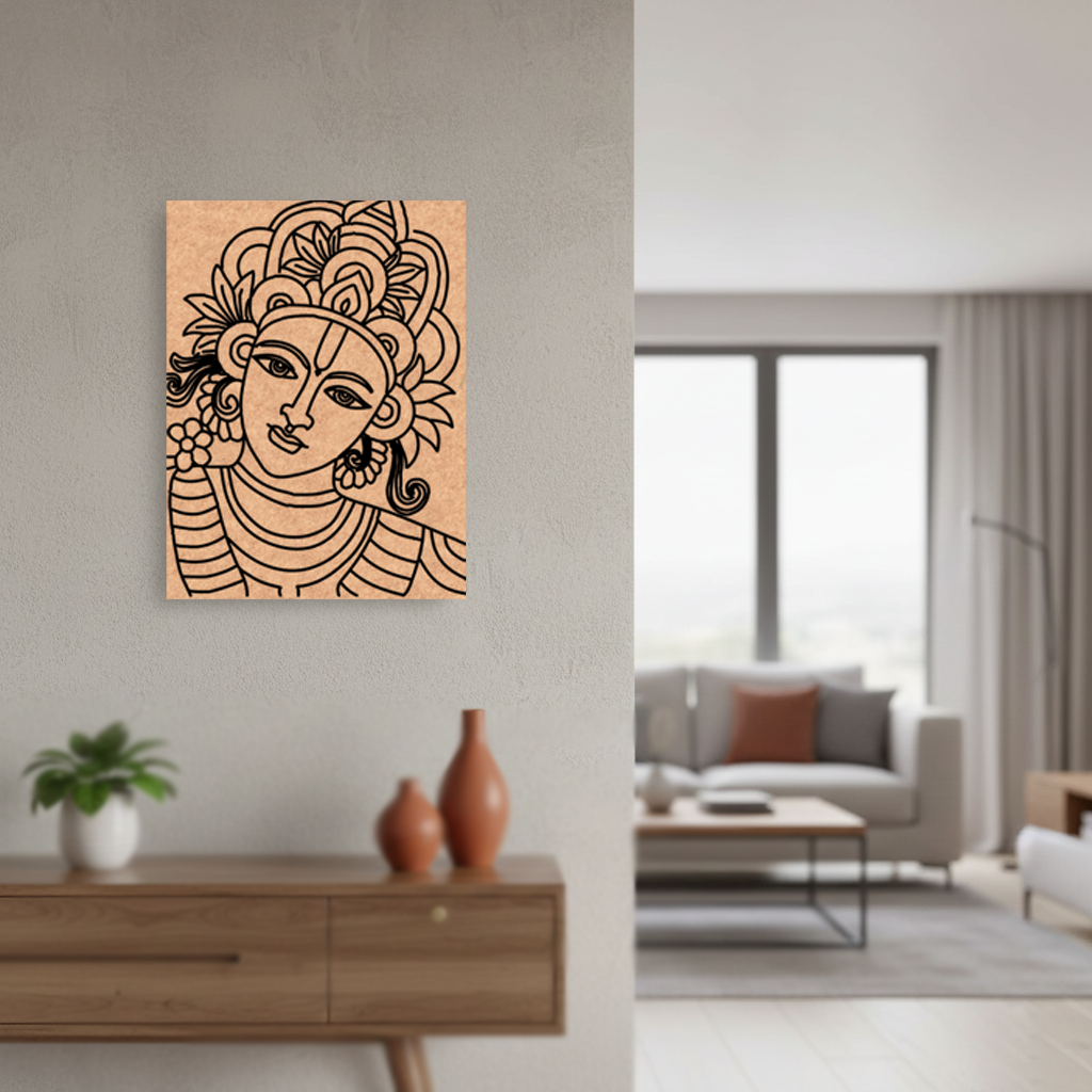Decorative  MDF DIY wall art of a stylized face on a wooden panel in a modern living room.