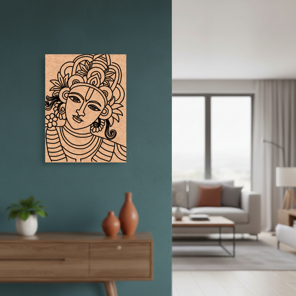 Decorative  MDF DIY wall art of a stylized face on a teal wall in a modern living room.