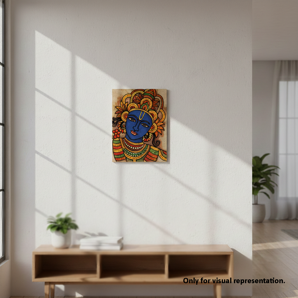 Colorful  MDF DIY wall art of a face with blue skin and orange hair on a white wall.