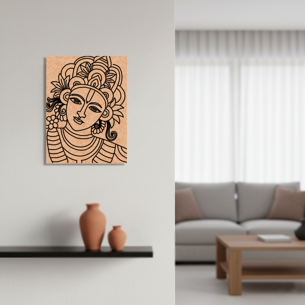 Decorative  MDF DIY wall art of a stylized face on a wooden panel in a living room setting.