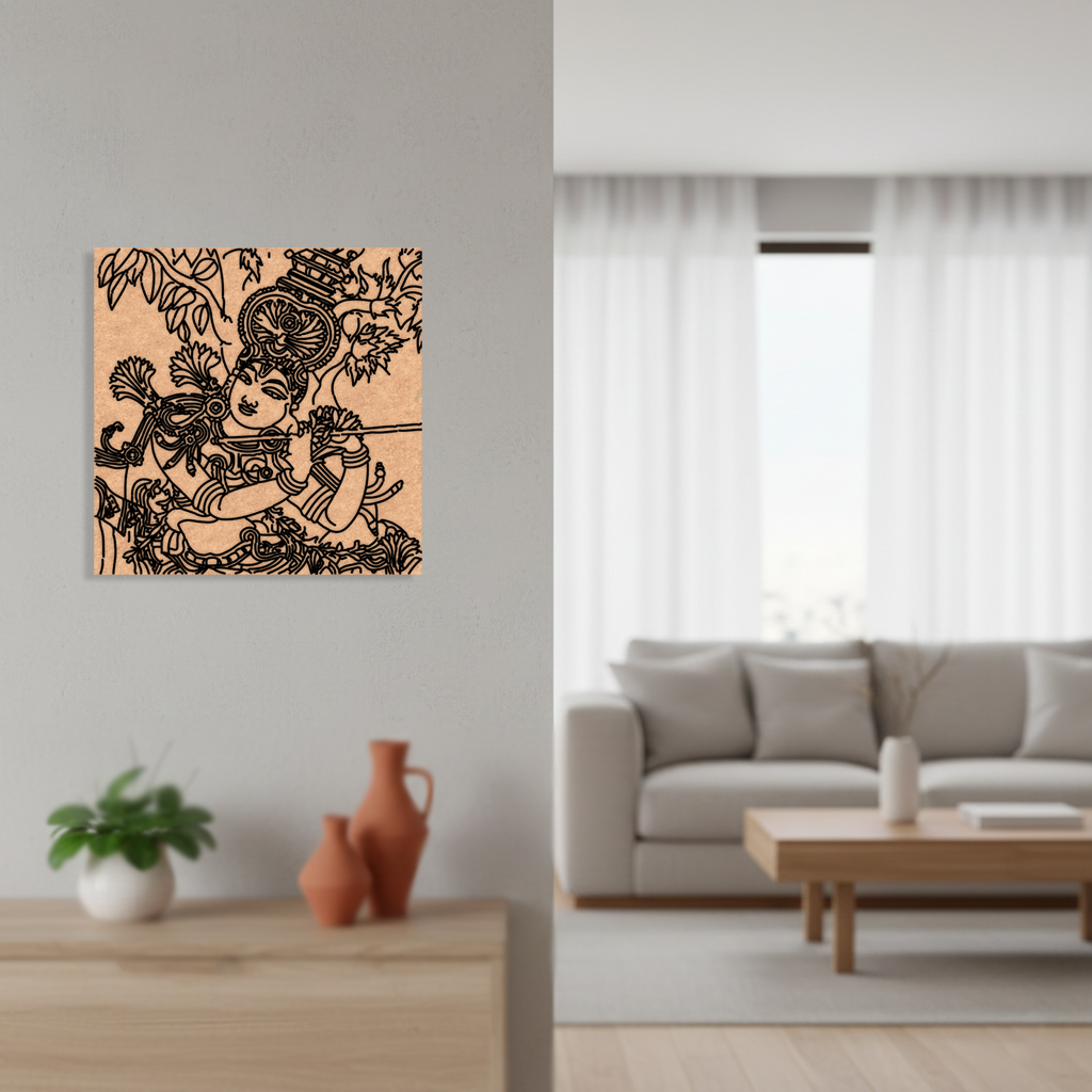 Decorative  MDF DIY wall art in a living room setting with a sofa and coffee table.