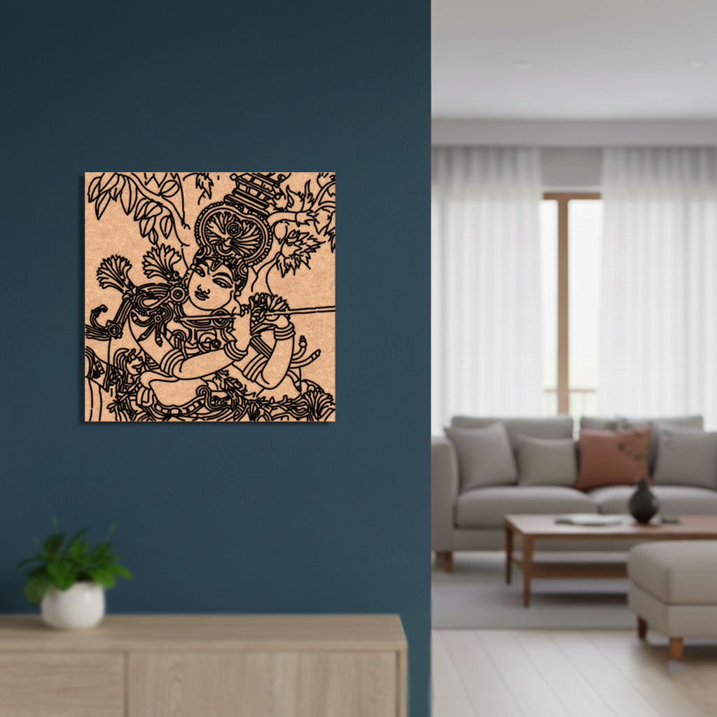 Decorative  MDF DIY wall art of a man with flowers on a dark blue wall in a living room.