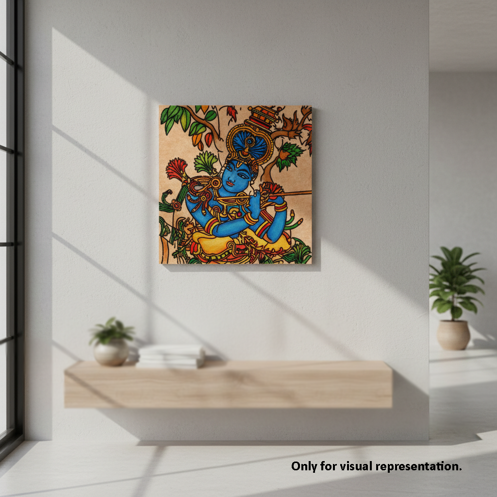 Colorful  MDF DIY wall art of a deity on a white wall with a wooden shelf and plants.