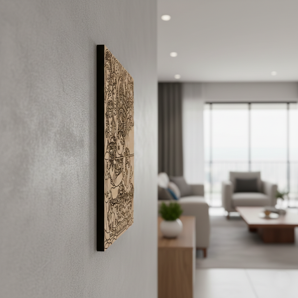 Decorative  MDF DIY wall art on a gray wall in a modern living room.