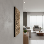 Decorative  MDF DIY wall art on a gray wall in a modern living room.