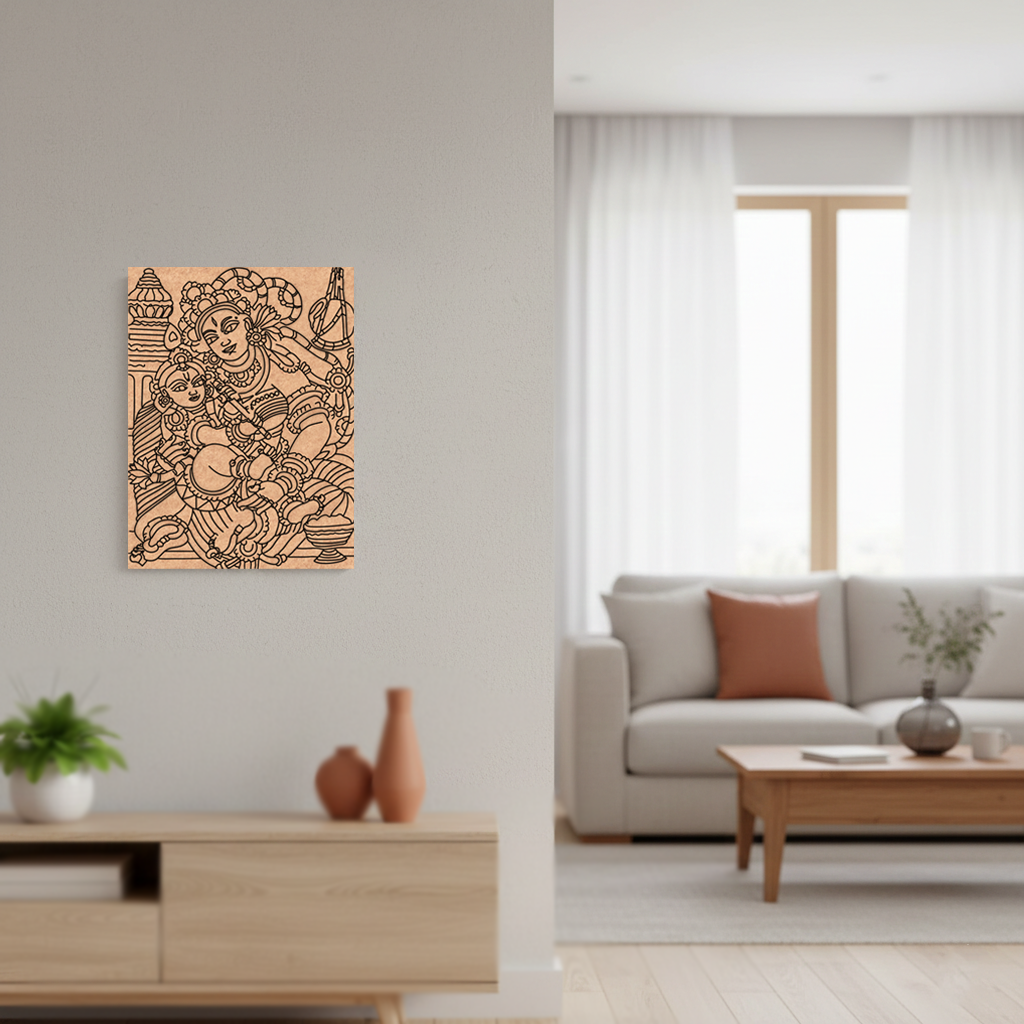 Decorative  MDF DIY wall art of two women on a wooden panel in a living room setting.