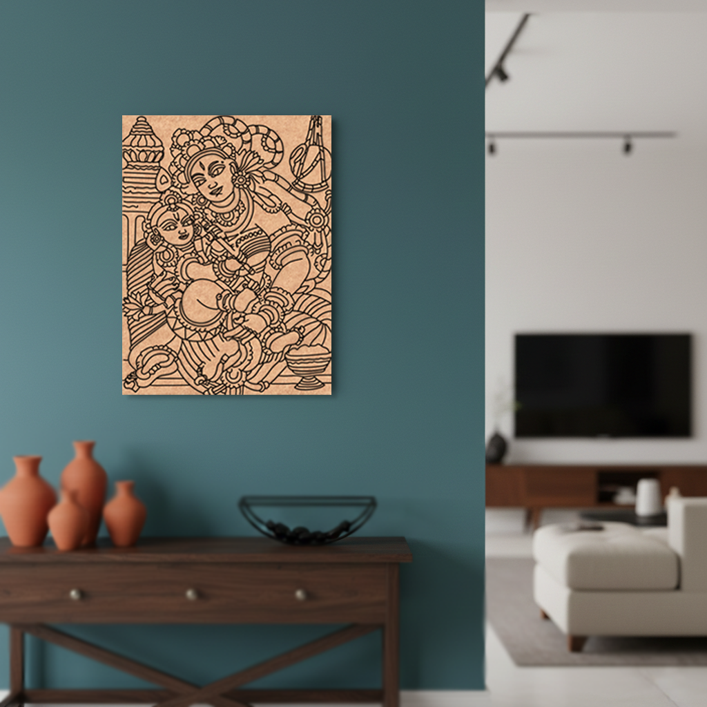 Decorative  MDF DIY wall art of two figures on a teal wall above a wooden console table.