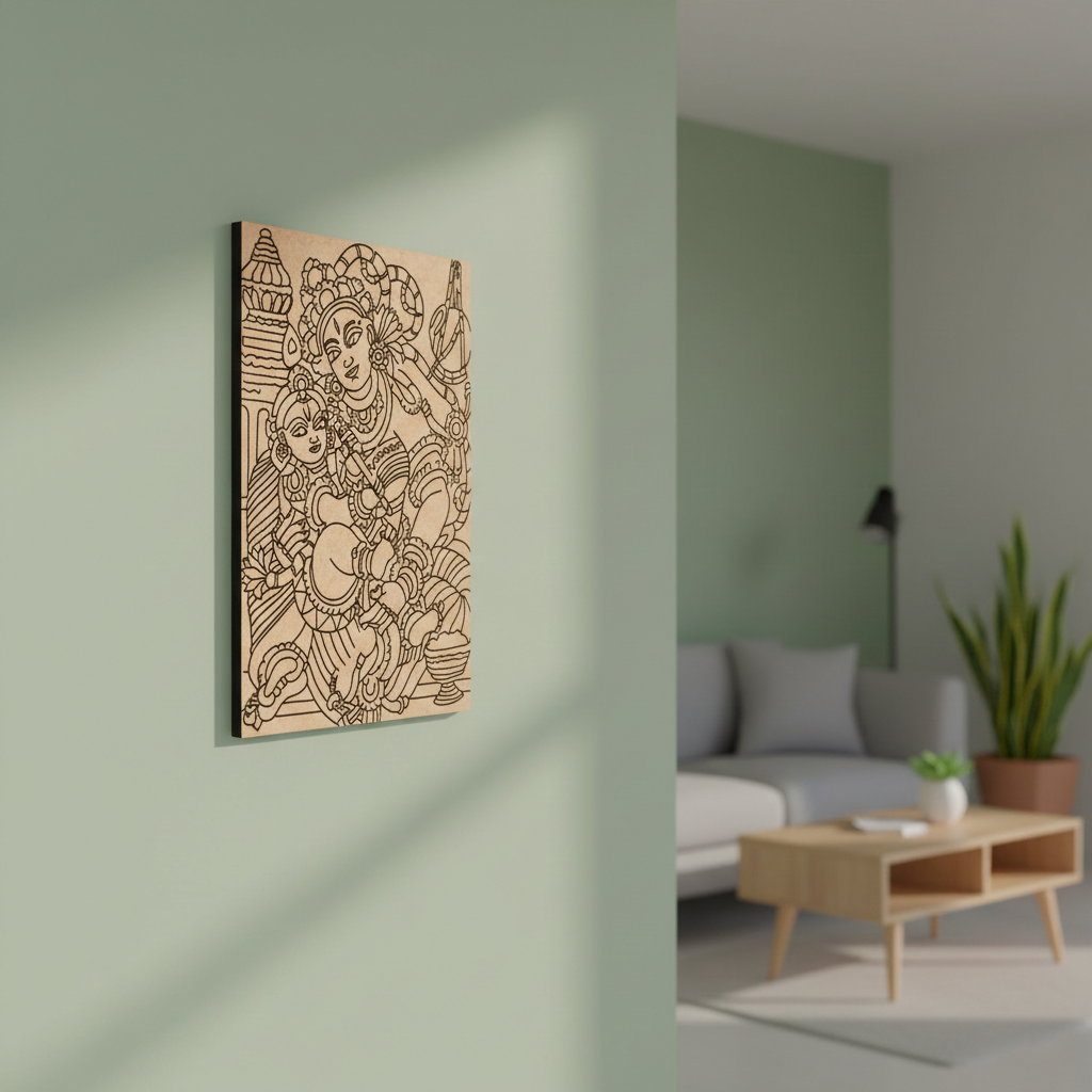 Decorative  MDF DIY wall art of a woman and child on a light green wall in a living room.