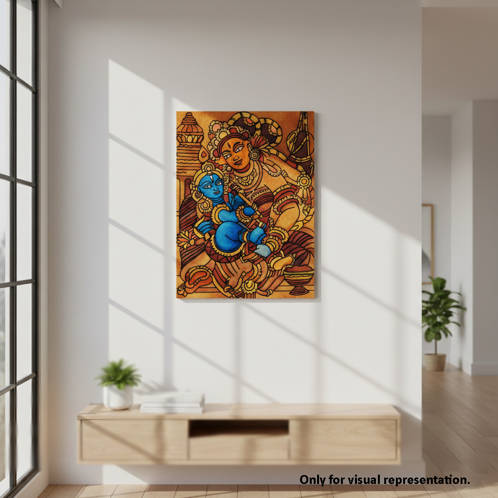 Decorative  MDF DIY painting of two figures on a wall in a bright room with a wooden cabinet and plants.