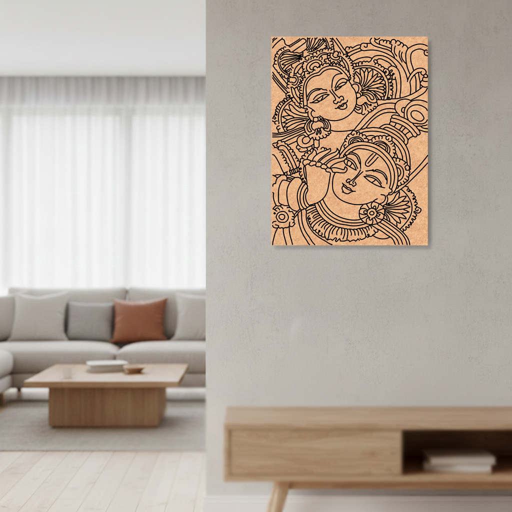 Decorative  MDF DIY wall art with intricate design on a light gray wall in a modern living room.