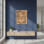 Decorative  MDF DIY wall art on a blue wall in a modern room with a wooden console table.